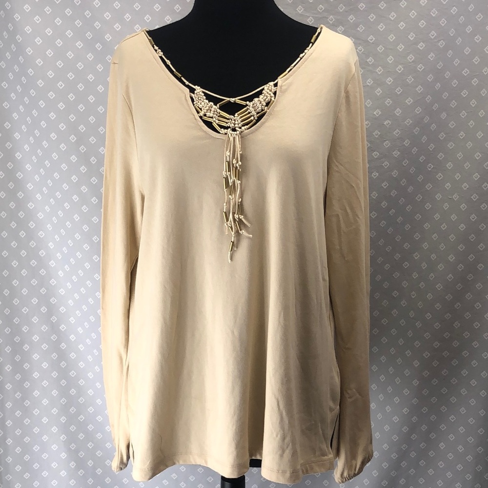 Liz Claiborne Taupe Long Sleeve Macrame Beaded Top